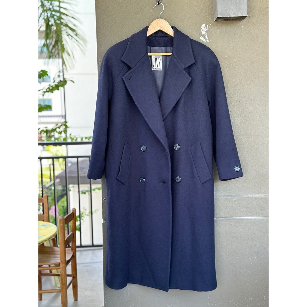 Vintage 90s Y2K Jones New York 100% Pure Wool Navy Blue Double Breasted Overcoat